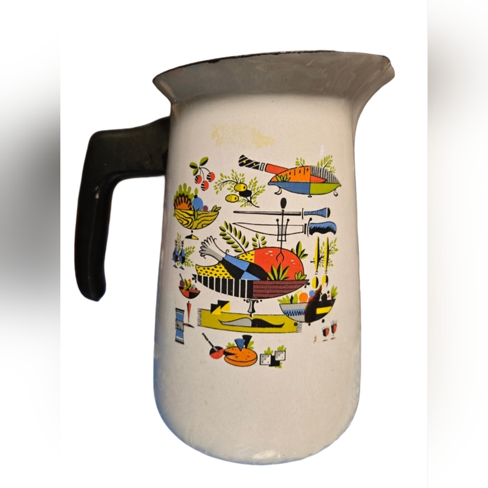 Berggren Swedish Nordic Folk Art Enamelware Coffee Pot 1960s Vintage